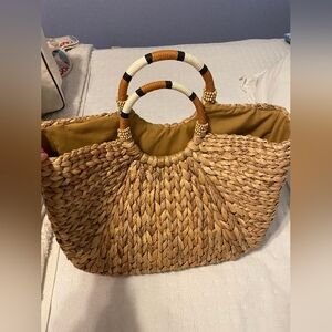 Woven Straw Tan Tote Bag with Decorative Handles and Cloth Lined